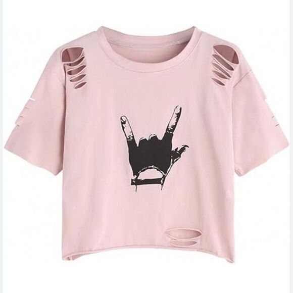 Pink Crewneck Rock On Graphic Destroyed Crop Tee Size Small - Picture 1 of 5